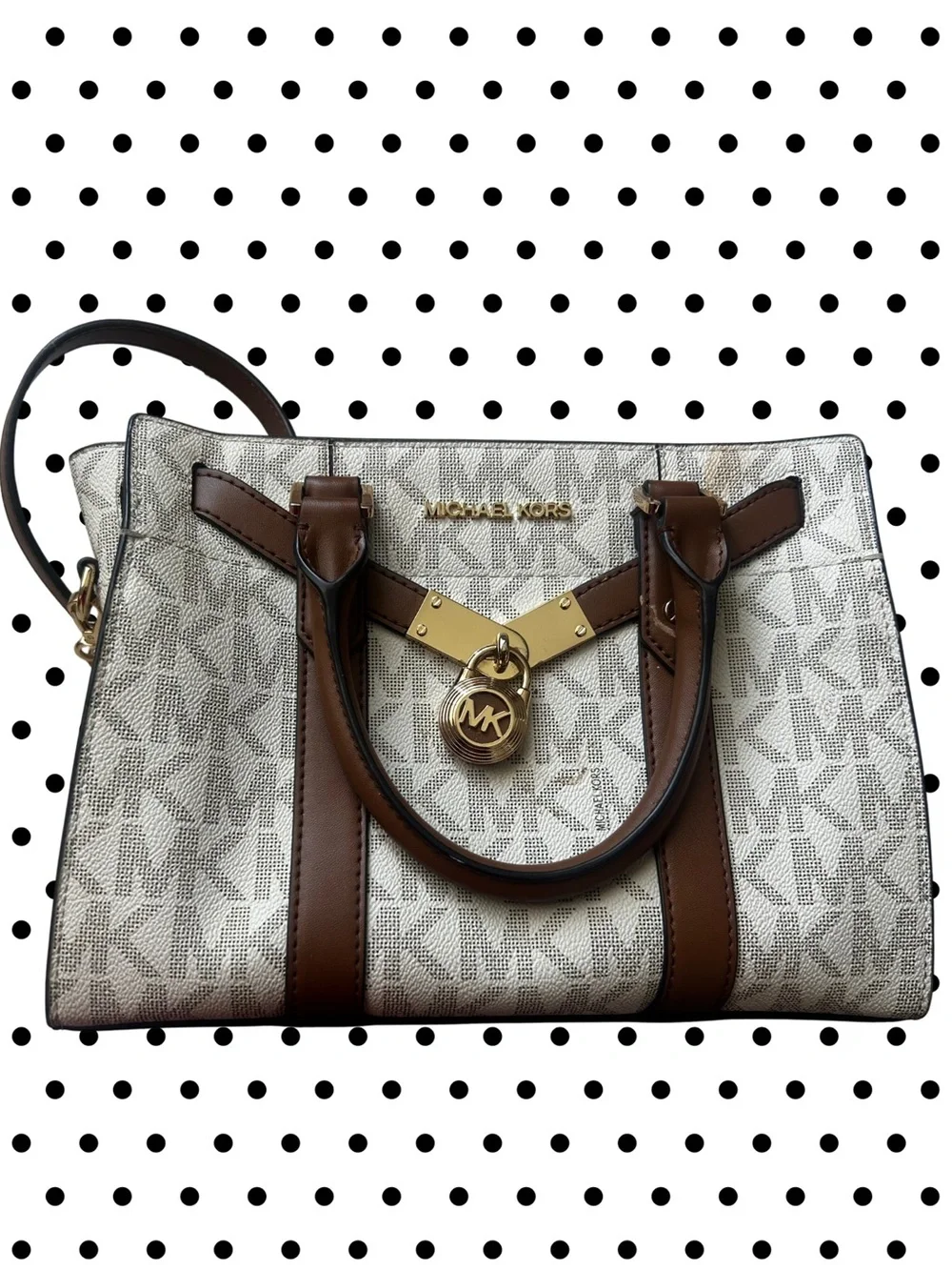 Michael Kors White and Brown Signature Logo Satchel